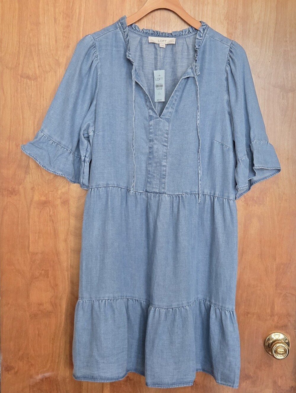LOFT Light Blue Chambray Tiered V-Neck Shift Dress